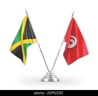Tunesien und Jamaika Tischflaggen isoliert auf weißem 3D-Rendering Stockfoto