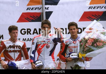 Podium Frankreich Moto GP 1994, Le Mans, Doohan, Criville, Kocinski Stockfoto