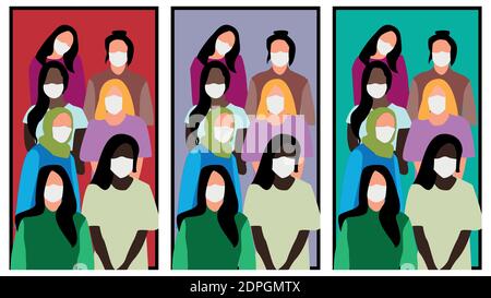 Die Gruppe von Menschen, die medizinische Masken tragen, um Krankheiten zu verhindern. Editierbare Vektordarstellung. Stock Vektor