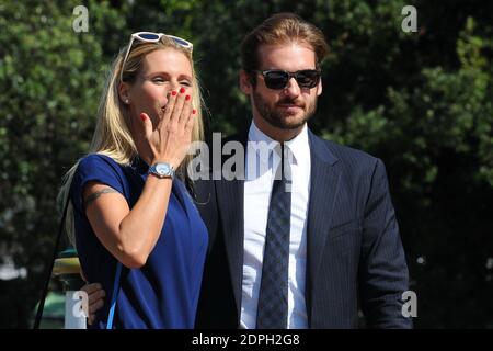 Michelle Hunziker und Tomaso Trussardi kommen am 07. September 2015 im Excelsior Hotel während des 72. Internationalen Filmfestivals (Mostra) in Venedig auf dem Lido an. Foto von Aurore Marechal/ABACAPRESS.COM Stockfoto