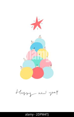 Weihnachtsbaum aus Bällen im Cartoon-Stil. Grußkarte zum neuen Jahr Stock Vektor