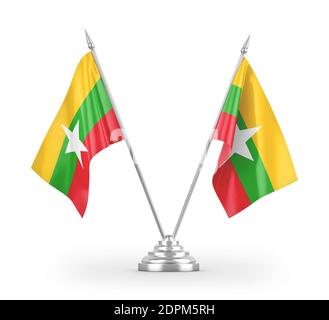 Myanmar Tischflags isoliert auf weißem 3D-Rendering Stockfoto