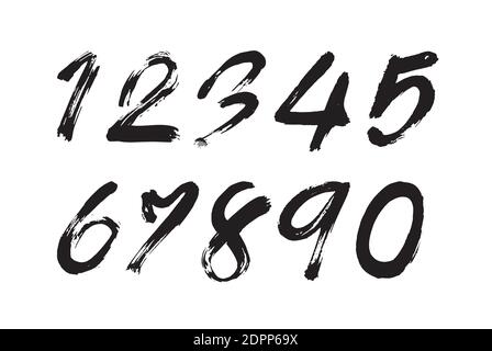 Zahlen 0-9 mit einem Pinsel auf weißem Hintergrund geschrieben. Leicht editierbare Vektorgrafik mit Ebenen. Stock Vektor