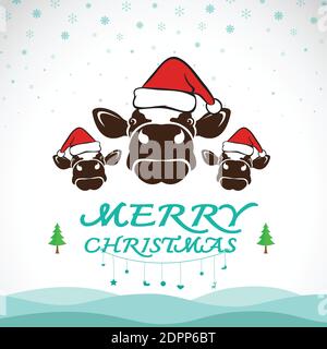 Vektor fröhlich weihnachten Gruß Kuh Karte auf weißem Hintergrund. Leicht editierbare Vektorgrafik mit Ebenen. Tiere. Stock Vektor