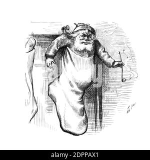 Eine Illustration des Weihnachtsmannes in einem Weihnachtsstrumpf von Thomas Nast für Harper's Weekly. Stockfoto