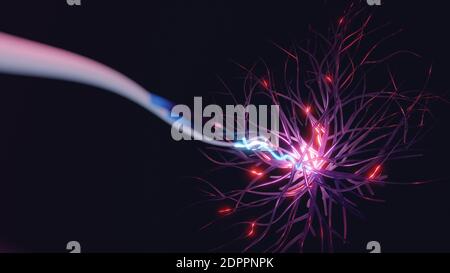 Neurowissenschaften, medizinisches Konzept digitales Rendern. Gehirnzelle sendet elektrische Signale. Stockfoto