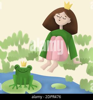 Ein Mädchen trägt Krone sitzt in der Nähe des Flusses und träumen. Grüne Frosch Prinz mit der Krone auf einem Kopf sitzt auf einem großen Blatt. Kinder Buch Illustration. Eine Prinzessin und ein Frosch Prinz Märchen. Stockfoto