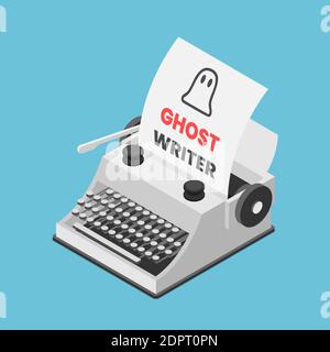 Flache 3d Isometrische Schreibmaschine mit Wörtern Ghostwriter auf Papierbogen. Ghostwriter und Content Marketing Konzept. Stock Vektor