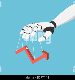 Flache 3d Isometric Ai Robot Hand Puppet und Controlling Financial Market Graph. Künstliche Intelligenz Technologie und Finanzkonzept. Stock Vektor