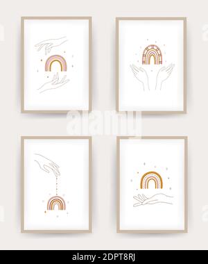 Poster mit abstraktem Regenbogen und Händen. Modernes Design für Tapeten und Wohnkultur. Moderne minimalistische Hintergründe. Stock Vektor