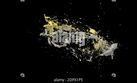 Zwei Tropfen Trendfarbe gelb und grau kollidieren auf schwarz Lebendige Farben Liquid Splash 3d-Rendering Stockfoto
