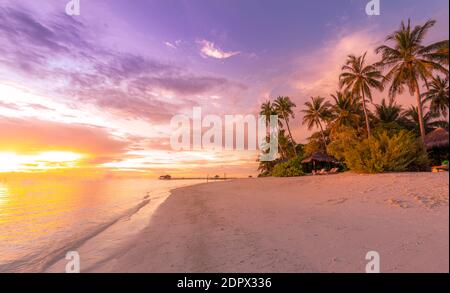 Wunderschönes tropisches Strandbanner. Weißer Sand und Kokopalmen Reisen Tourismus breites Panorama-Konzept. Erstaunliche Sonnenaufgangs Strandlandschaft, Himmel Sonnenuntergang Wolken Stockfoto