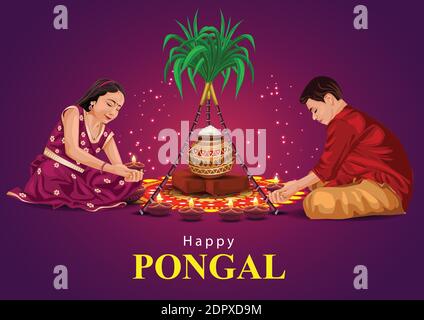 Happy Pongal Feiern Banner, Vorlage oder Poster Design. Südindische Ernte-Festival mit Kindern machen Pongal auf dunklem Hintergrund. vektor-illustrat Stock Vektor