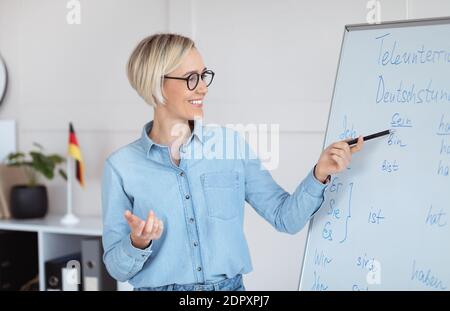Positive Deutschlehrerin erklärt fremdsprachliche Regeln in der Nähe der Tafel drinnen, Panorama Stockfoto