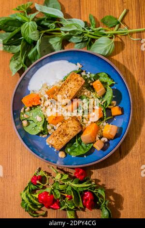 Gesunder Teller mit gebratenem vegetarischem Tofu und griechischer Halloumi mit gegrilltem Gemüse und Joghurtsauce. Mediterrane Gerichte mit orientalischem Couscous Stockfoto