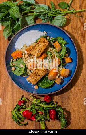 Gesunder Teller mit gebratenem vegetarischem Tofu und griechischer Halloumi mit gegrilltem Gemüse und Joghurtsauce. Mediterrane Gerichte mit orientalischem Couscous Stockfoto