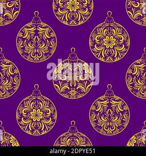 Hintergrund für Weihnachtsdesign, Weihnachtsdekoration, Goldene Bälle mit Blumenmuster. Vektor Stock Vektor