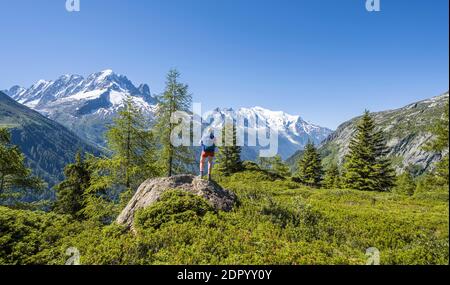 Wanderer mit Blick auf das Bergpanorama von der Aiguillette des Posettes, den Gipfeln Aiguille Verte, Aiguille du Midi und Mont Blanc, Chamonix, Haute-Savoie Stockfoto