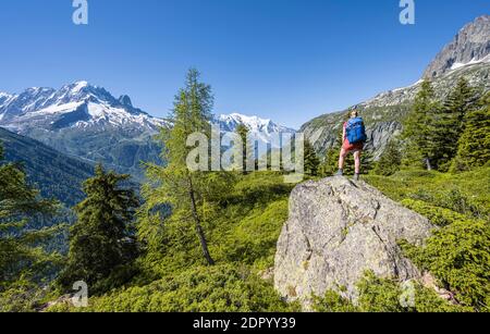 Wanderer mit Blick auf das Bergpanorama von der Aiguillette des Posettes, den Gipfeln Aiguille Verte, Aiguille du Midi und Mont Blanc, Chamonix, Haute-Savoie Stockfoto