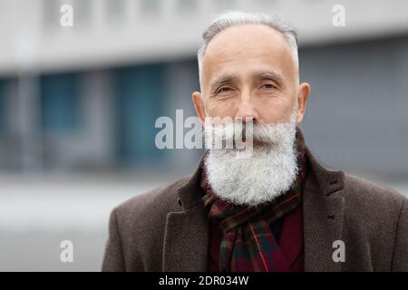 Porträt eines schönen grauhaarigen älteren Mannes im Freien posiert Stockfoto