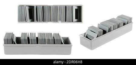 Foto Dia in Box verschiedene Winkel auf weißem Hintergrund isoliert Stockfoto