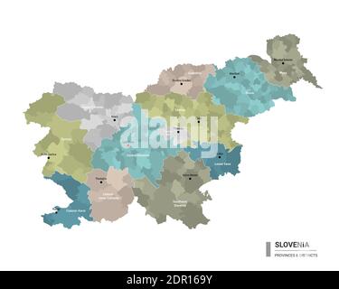 Slowenien Higt Detailkarte mit Unterteilungen. Verwaltungskarte von Slowenien mit Stadtteilen und Stadtnamen, farbig nach Bundesstaaten und verwaltungsbezirken Stock Vektor