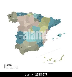 Spanien Higt Detailkarte mit Unterteilungen. Verwaltungskarte von Spanien mit Bezirken und Stadtnamen, farbig nach Bundesstaaten und Verwaltungsbezirken. Stock Vektor