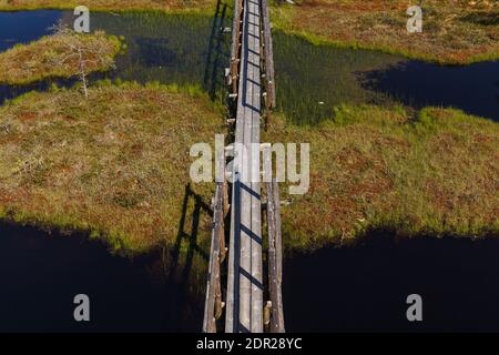 Wundervolle Aussicht auf Moorseen und Holzbrettwanderung durch Sumpfland. Besuchen Sie Estonia Concept. Stockfoto