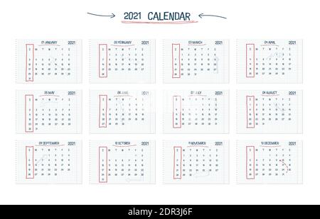 2021Kalender handgezeichneter Text Schule Note Stil, separate karierte Notizblätter mit lineart Pfeile und Rahmen. Wand Jahreskalender Design Konzept Stock Vektor