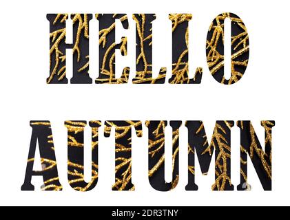 Hallo Herbst, schwarzer und goldener Text auf weißem Hintergrund. Saisonales Banner auf weißem Hintergrund Stockfoto