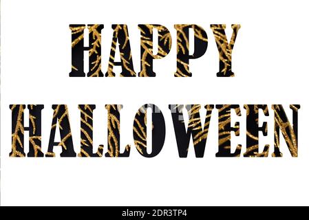 Worte Happy Halloween in schwarz und golden auf weißem Hintergrund geschrieben. Saisonales Banner auf weißem Hintergrund Stockfoto