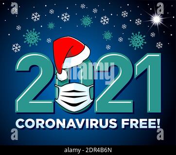 2021coronavirus freies Neujahrskonzept. Poster oder Logo mit Santa Hut und Schutzmaske. Stoppen Sie Grippe Coronavirus. Vektor auf tiefblauem Hintergrund Stock Vektor