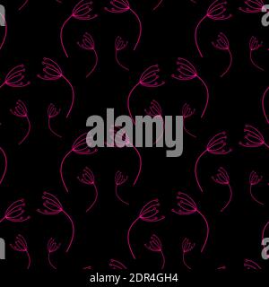 Blumenmuster aus roten Löwenzahn. Nahtloser einfacher schwarzer Hintergrund mit fliegendem Löwenzahn EPS10 Stock Vektor