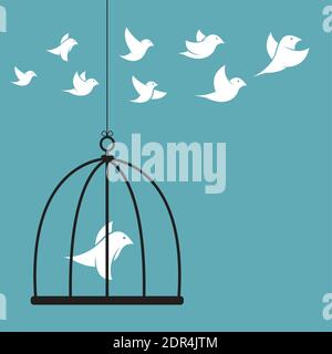 Vektorbild eines Vogels im Käfig und außerhalb des Käfigs. Freiheitskonzept. Leicht editierbare Vektorgrafik mit Ebenen. Stock Vektor