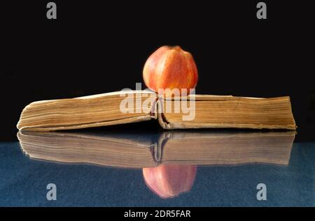 Das Buch und der Apfel ruhen auf einem Glastisch. Revealling Buch mit Reflexion auf schwarzem Hintergrund Stockfoto