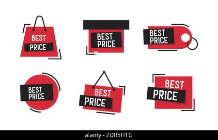 Bestes Preisschild in schwarz und rot. Verkauf Etiketten Sonderangebot besten Preis isoliert auf weißem Hintergrund. Vektordarstellung für hochwertige Verkaufselemente Stock Vektor
