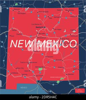 New Mexico State Detaillierte bearbeitbare Karte mit Städten und Städten, geografischen Standorten, Straßen, Eisenbahnen, Autobahnen und US-Autobahnen. Vector EPS-10-Datei, tr Stock Vektor