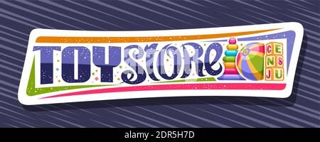 Vector Banner für Toy Store, modernes Schild mit Illustration von Kids Ball, bunte Kunststoff-Pyramide und Stapel von Kindern Würfel, dekorative Werbung Stock Vektor