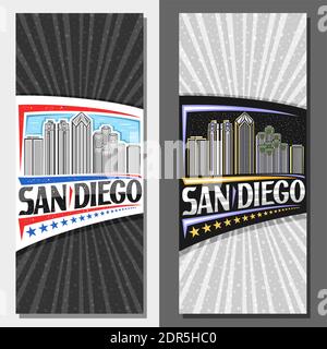 Vektor vertikale Layouts für San Diego, dekorative Broschüre mit Umriss Illustration der modernen Stadtlandschaft am Tag und Abenddämmerung Himmel Hintergrund, Art Design br Stock Vektor