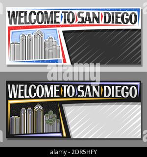 Vektor-Layouts für San Diego mit Kopierraum, dekorativen Gutschein mit Umriss Illustration der Stadtlandschaft am Tag und Abenddämmerung Himmel Hintergrund, Art des Stock Vektor