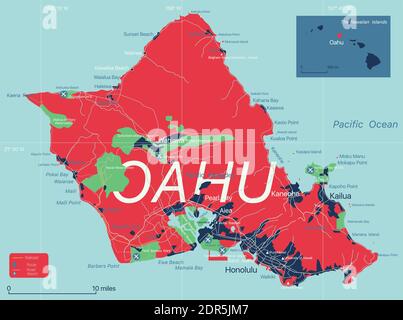 Oahu Island Detaillierte bearbeitbare Karte mit Städten und Städten, geografischen Standorten, Straßen, Autobahnen und US-Autobahnen. Vector EPS-10-Datei, Trendfarbe sc Stock Vektor