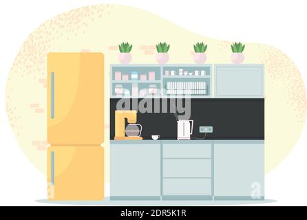 Büro Küche 2D Vektor Web Banner, Poster. Lounge für Mitarbeiter-Frühstück. Esszimmer. Firmenflachplatz auf Cartoon-Hintergrund. Arbeitsplatz Pause r Stock Vektor