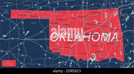 Oklahoma State detaillierte editierbare Karte mit Städten und Städten, geografischen Standorten, Straßen, Eisenbahnen, Autobahnen und US-Autobahnen. Vector EPS-10-Datei, tren Stock Vektor