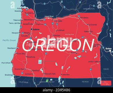 Oregon State Detaillierte bearbeitbare Karte mit Städten und Städten, geografischen Standorten, Straßen, Eisenbahnen, Autobahnen und US-Autobahnen. Vector EPS-10 Datei, trendi Stock Vektor