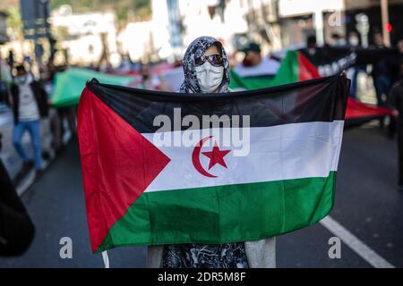 San Sebastian, Spanien. Dezember 2020. Eine Frau, die eine Maske trägt, zeigt während der Demonstration in San Sebastian die saharauische Flagge. Hunderte von Menschen demonstrieren in den Straßen des Baskenlandes gegen die expansionistische Politik Marokkos und fordern Freiheit und Unabhängigkeit für die Westsahara. Kredit: SOPA Images Limited/Alamy Live Nachrichten Stockfoto