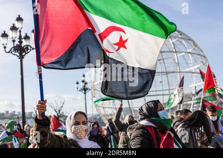 San Sebastian, Spanien. Dezember 2020. Eine Frau, die eine Maske trägt, zeigt während der Demonstration in San Sebastian die saharauische Flagge. Hunderte von Menschen demonstrieren in den Straßen des Baskenlandes gegen die expansionistische Politik Marokkos und fordern Freiheit und Unabhängigkeit für die Westsahara. Kredit: SOPA Images Limited/Alamy Live Nachrichten Stockfoto