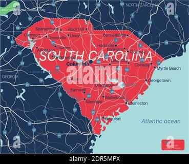 South Carolina State detaillierte editierbare Karte mit Städten und Städten, geografischen Standorten, Straßen, Eisenbahnen, Autobahnen und US-Autobahnen. Vector EPS-10-Datei Stock Vektor