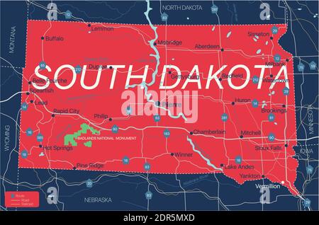 South Dacota State Detaillierte bearbeitbare Karte mit Städten und Städten, geografischen Standorten, Straßen, Eisenbahnen, Autobahnen und US-Autobahnen. Vector EPS-10-Datei, Stock Vektor