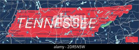 Tennessy State detaillierte bearbeitbare Karte mit Städten und Städten, geografischen Standorten, Straßen, Eisenbahnen, Autobahnen und US-Autobahnen. Vector EPS-10-Datei, Trend Stock Vektor