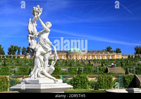 Potsdam, 18. September 2020: Besuch des Schlosses und Parks Sanssouci in Potsdam an einem sonnigen Tag. Blick auf den nach Süden ausgerichteten Garten façade. Stockfoto